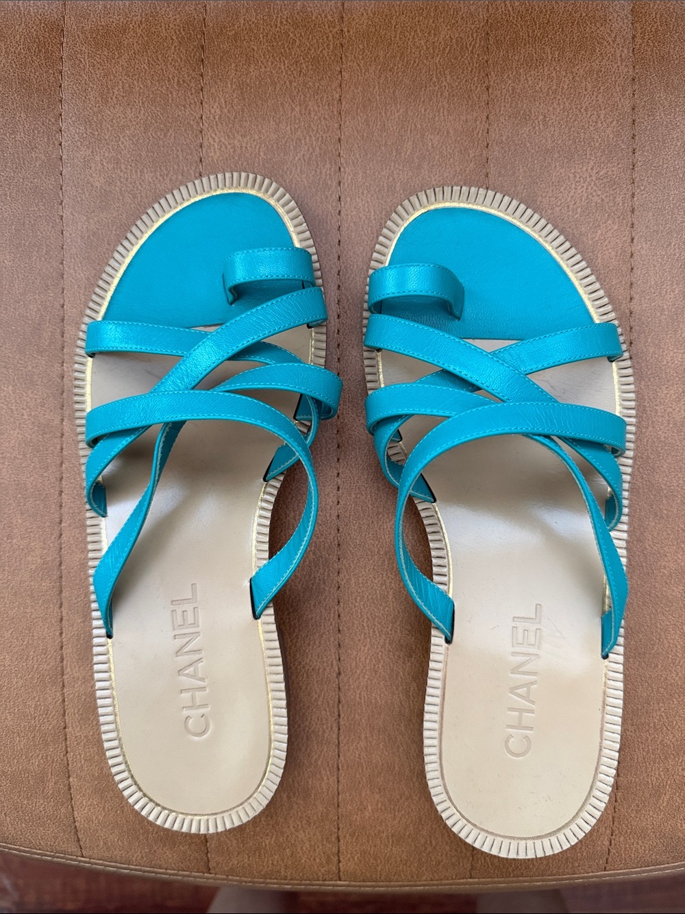 CHANEL Turquoise (darker side color like green) Crisscross Leather Slide Sandals